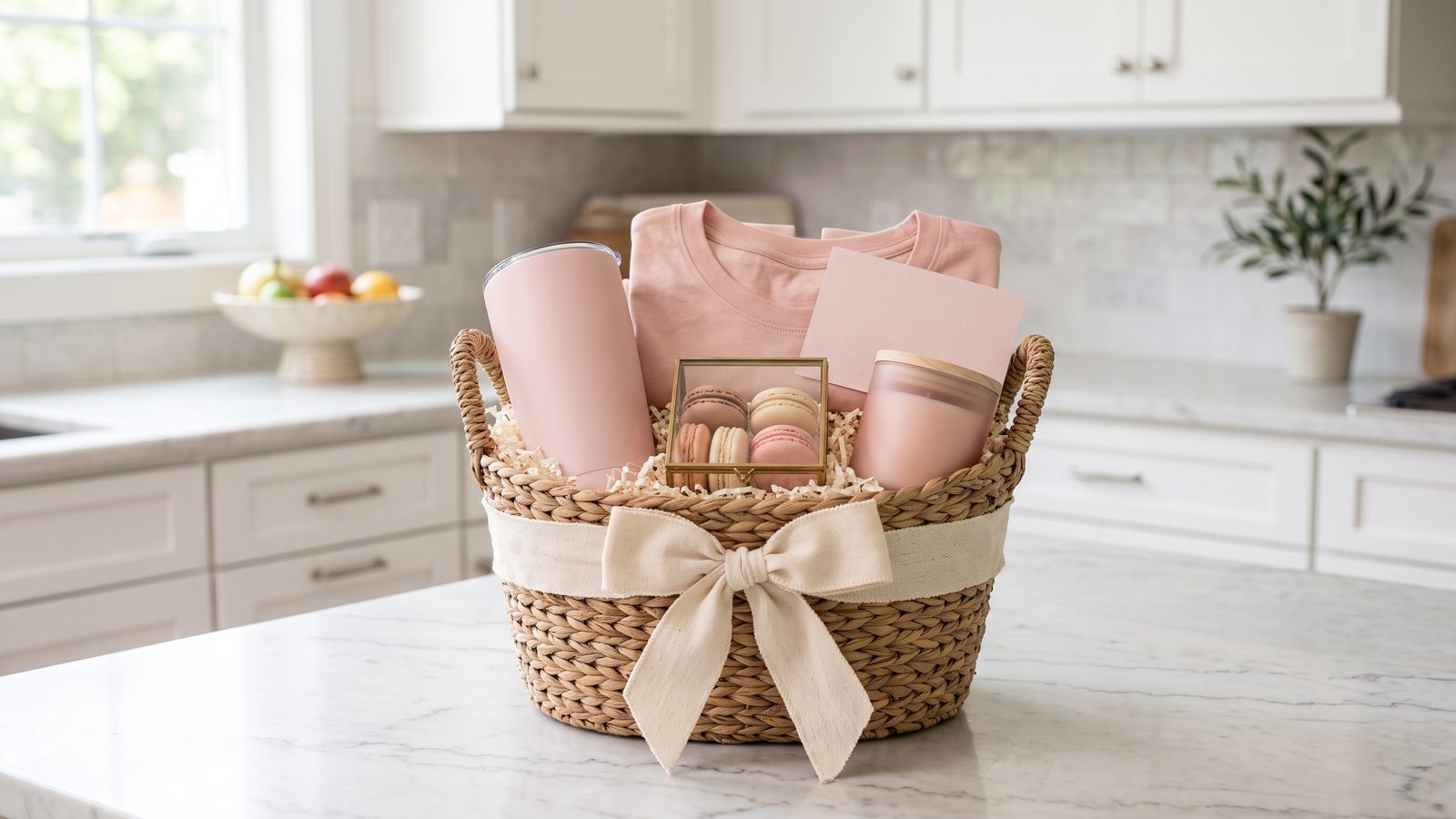 A gift basket with a pink tumbler, a folded T-shirt, macarons and a candle on a white marble countertop